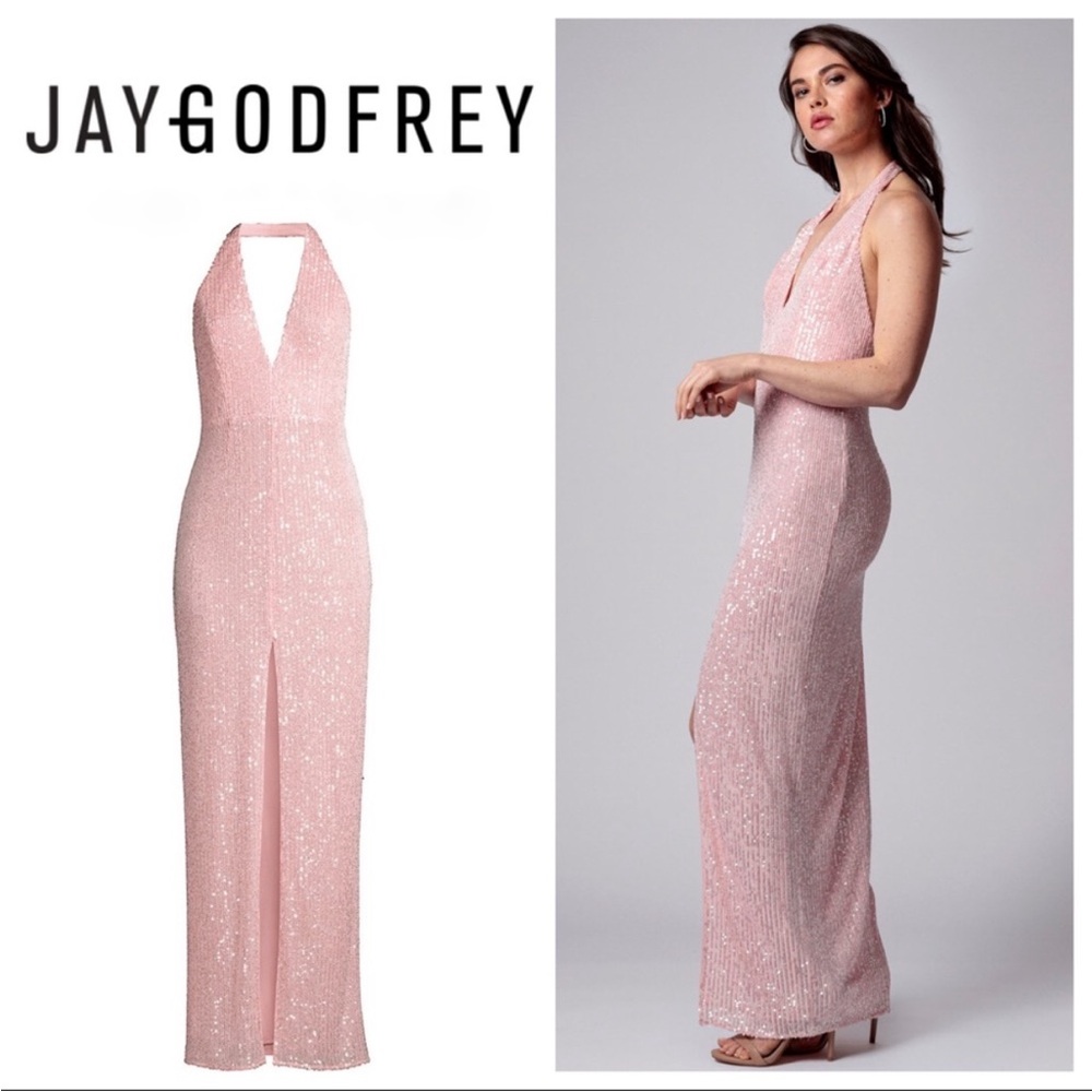 JayGodfrey Valentina Pink Sequin Halter Dress with Front Slit